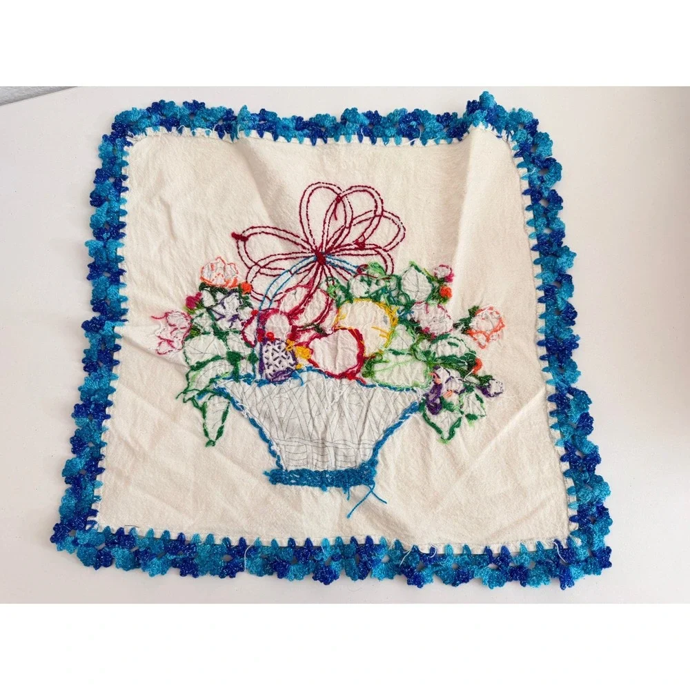 Vintage Hand Embroidered Fruit Basket Linen Napkin Blue Crochet Lace Trim 16x16
